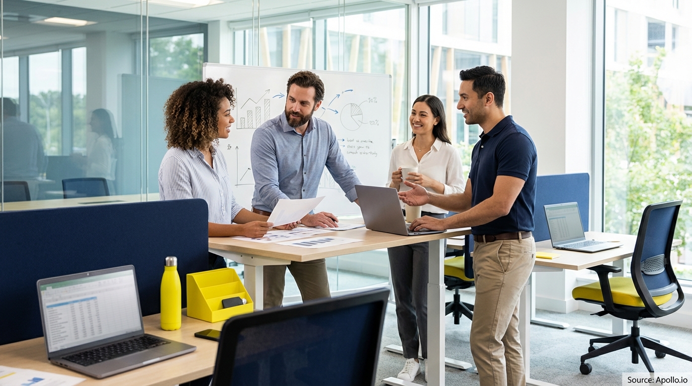 Sales team collaborating in a modern open-plan office in a sales team meeting