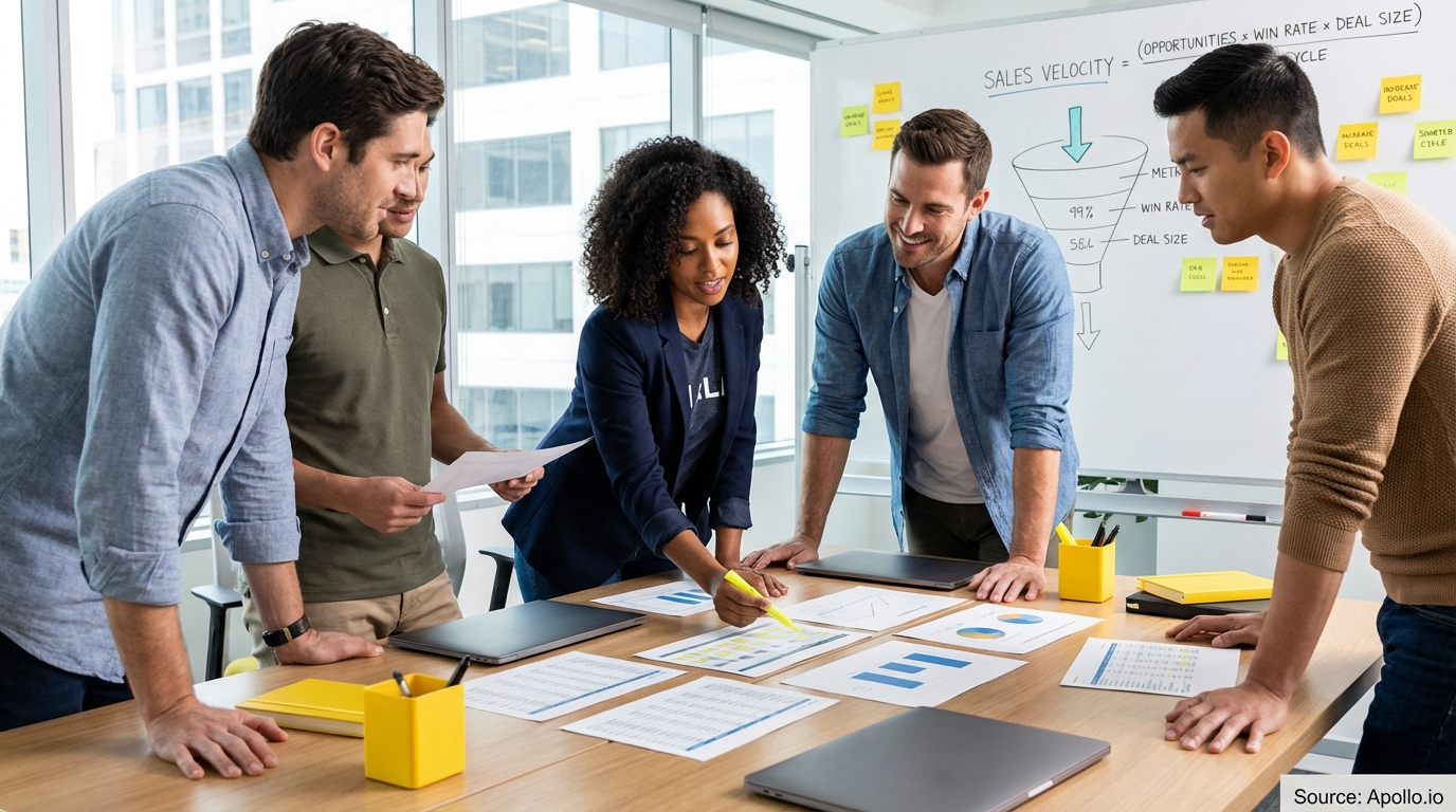 Sales professionals discussing strategy around a conference table in a sales team meeting
