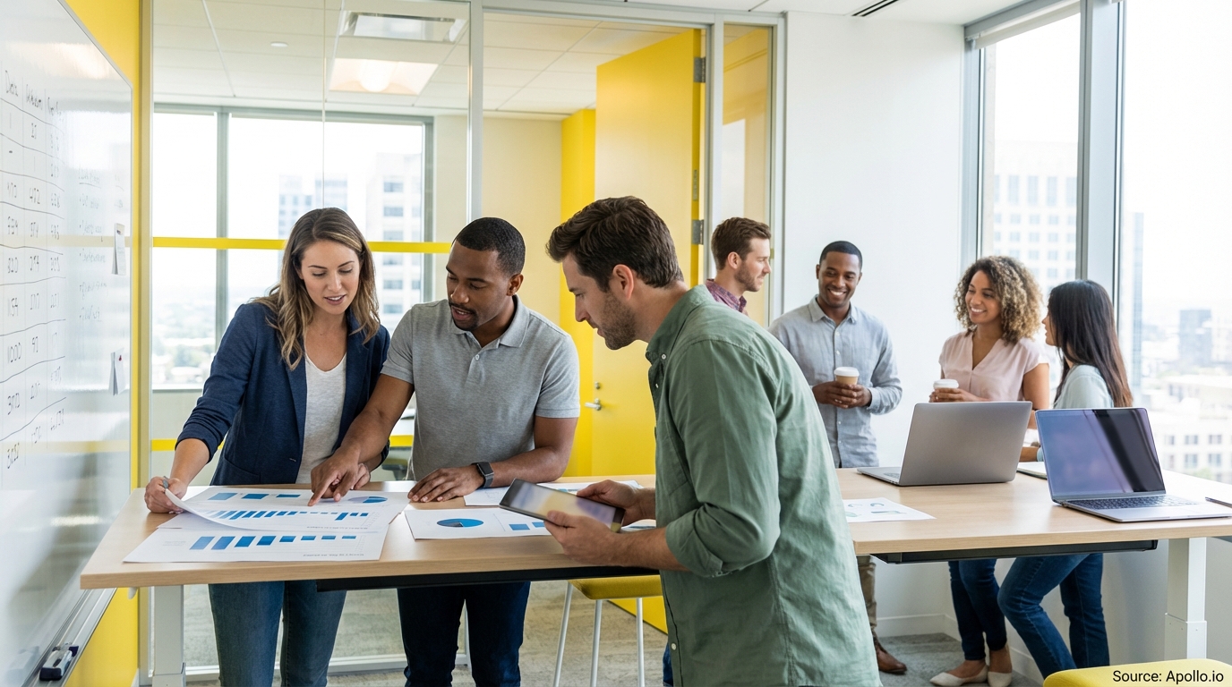 Sales team collaborating in a modern open-plan office in a sales team meeting