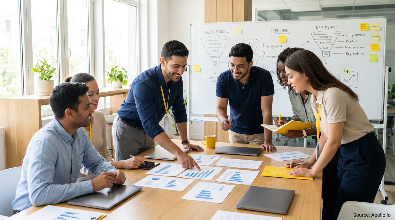 Sales professionals discussing strategy around a conference table in a sales team meeting