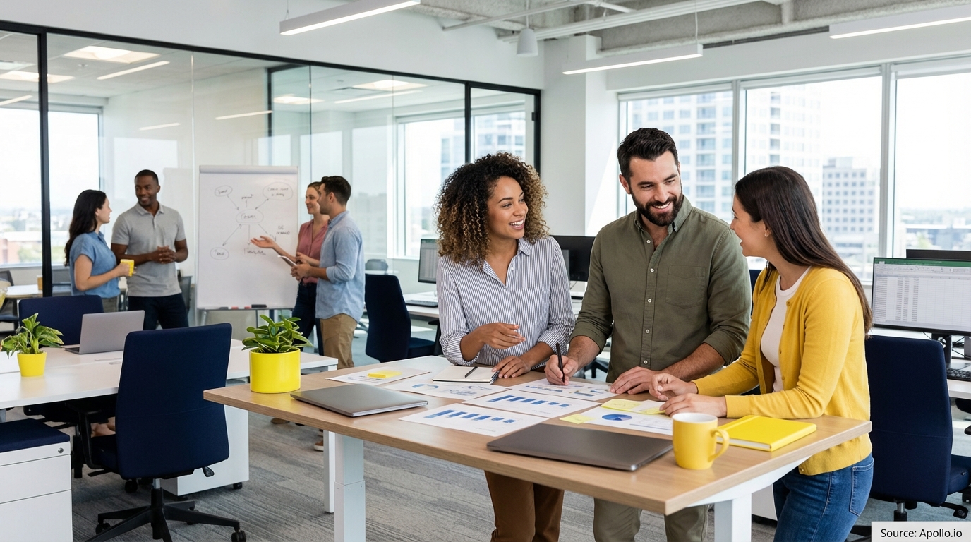 Sales team collaborating in a modern open-plan office in a sales team meeting