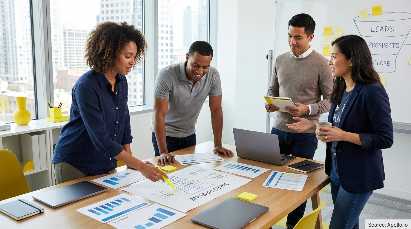 Sales professionals discussing strategy around a conference table in a sales team meeting