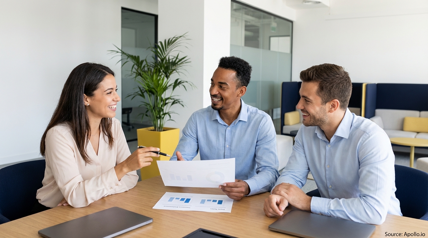 Three diverse professionals smiling and discussing charts at a modern office table.