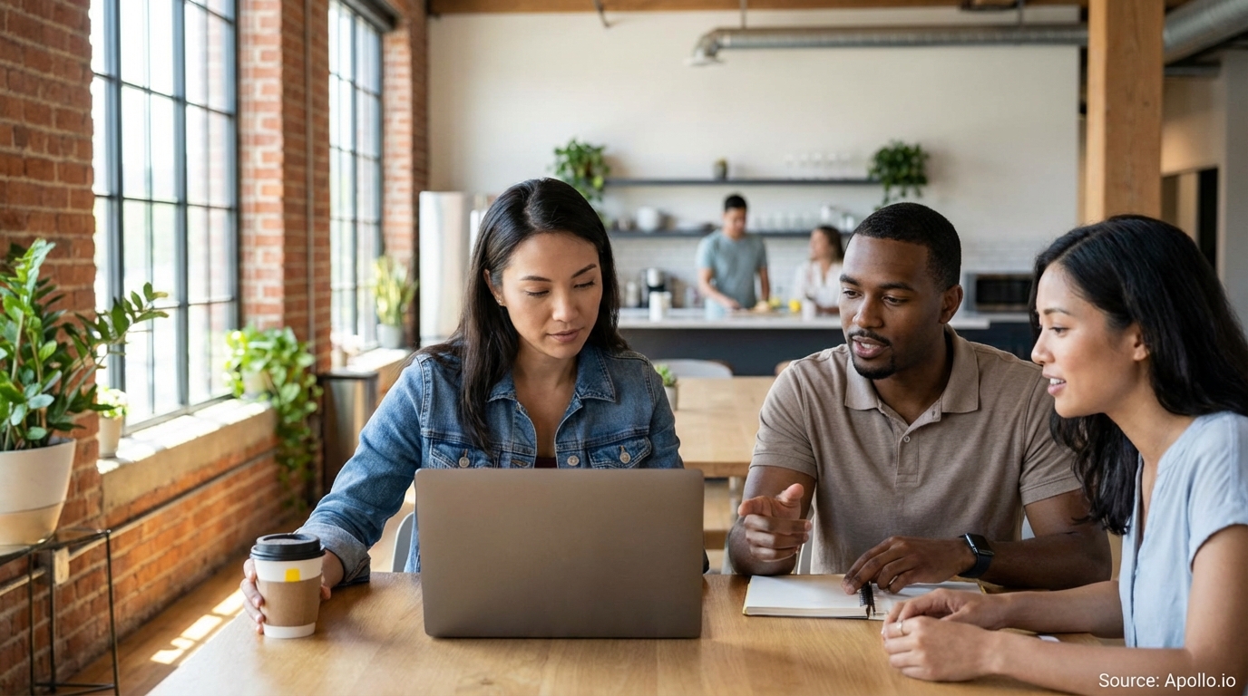 Three diverse professionals collaborate at a table with a laptop and coffee in a modern office.