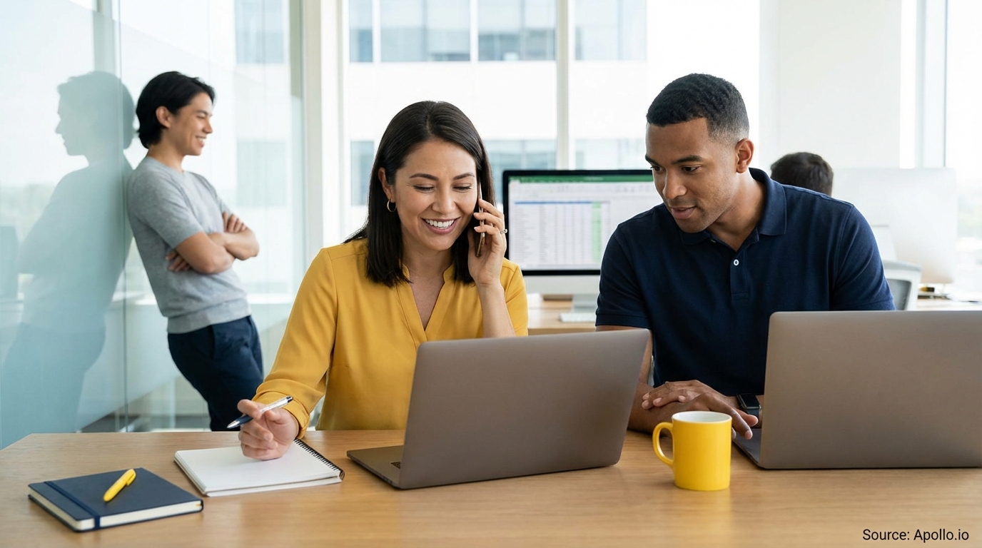 Three colleagues collaborate in a bright office, using laptops and a phone.