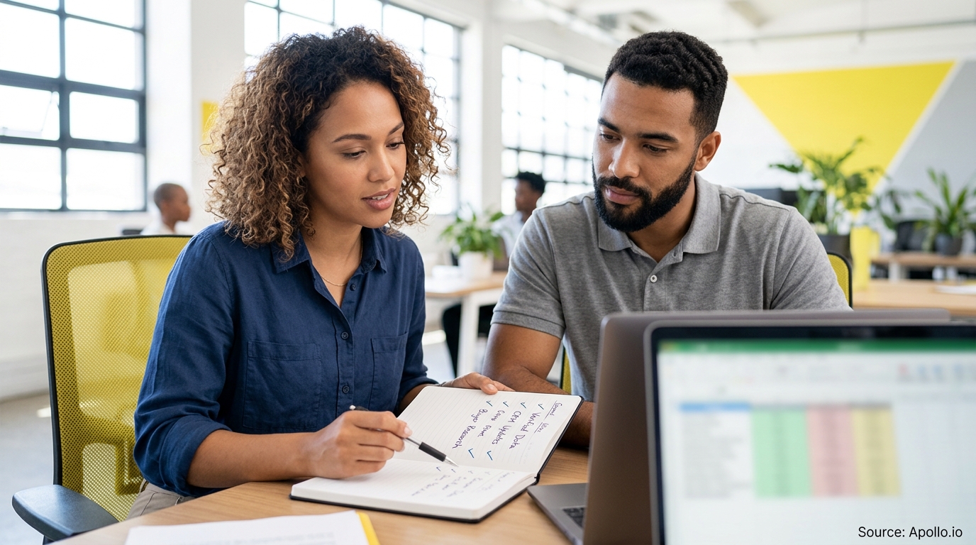 Two colleagues collaborate over handwritten notes and a laptop at a desk in a bright, modern office.