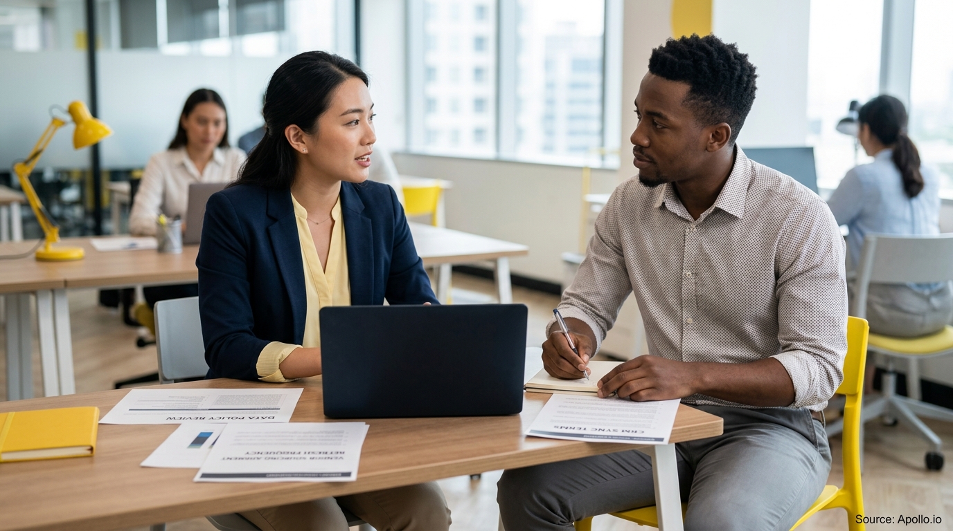 Two professionals talk while reviewing documents and a laptop at a modern open-office desk.