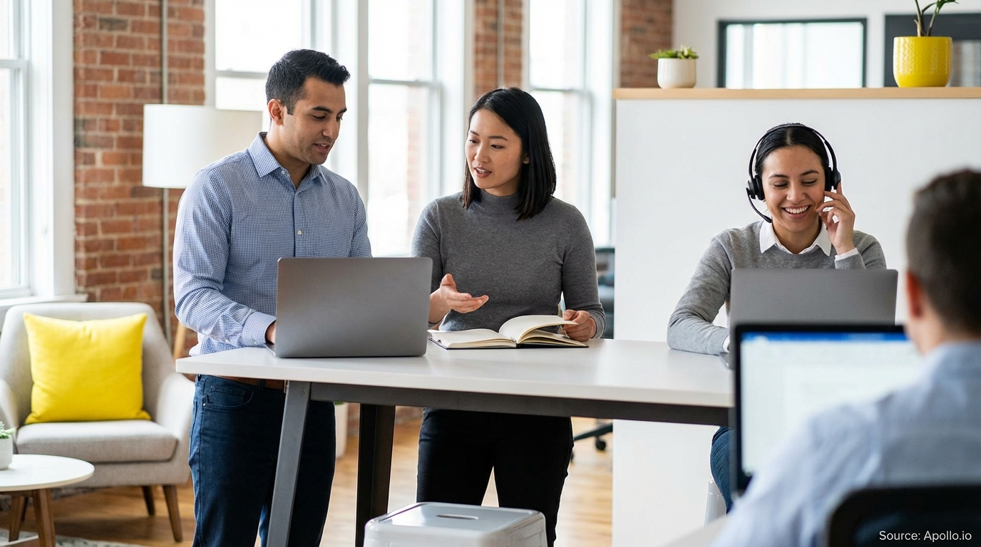 Four professionals working with laptops, collaborating, and using a headset in an office.