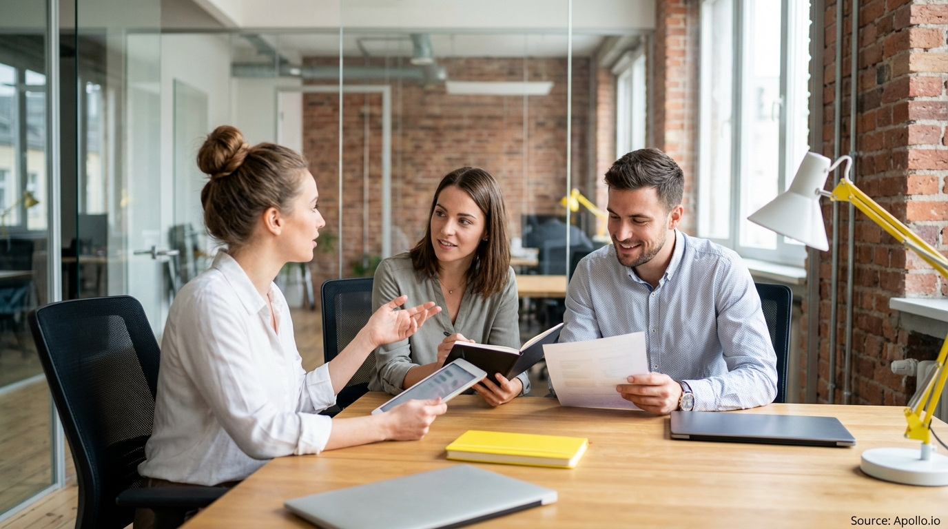 Three professionals discuss work with documents and a tablet at a modern office table.
