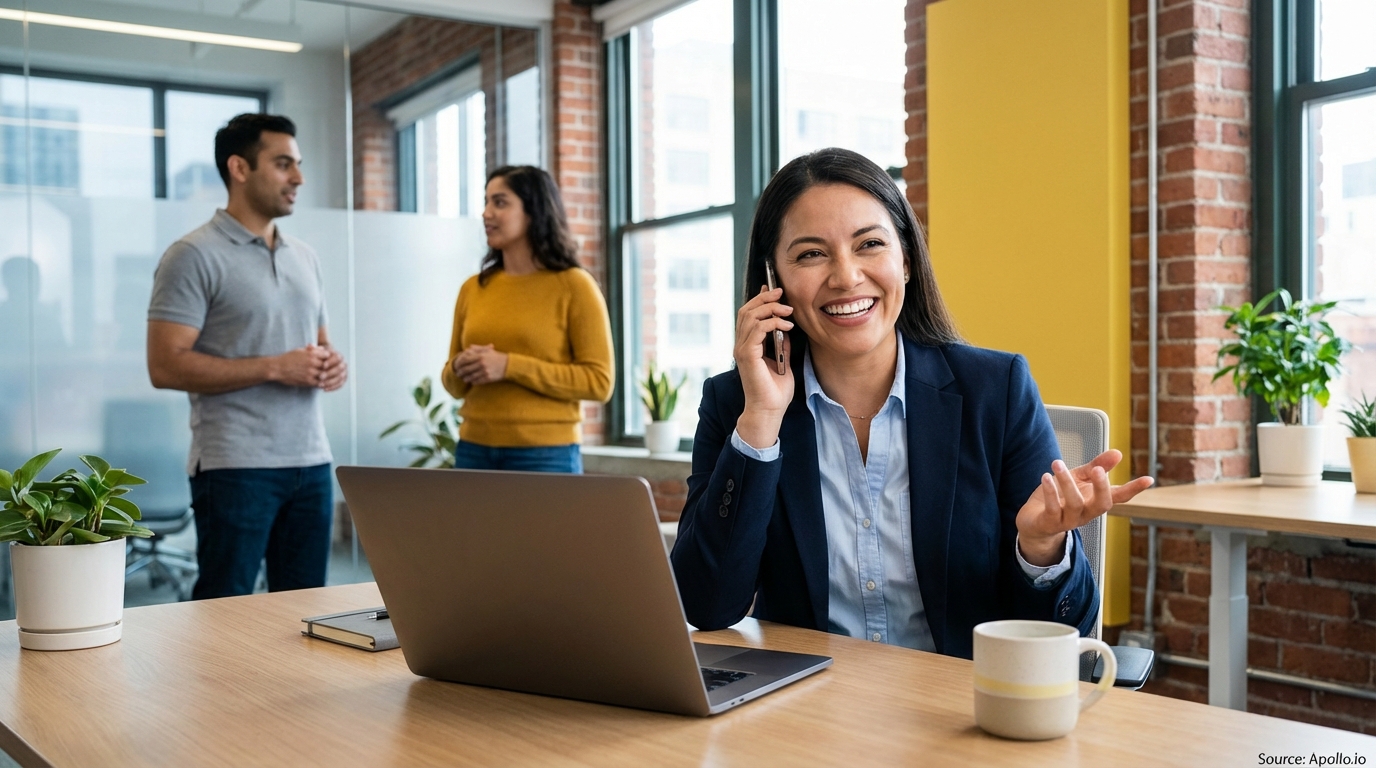 Smiling woman on a phone call at a desk, with two coworkers talking in a modern office.