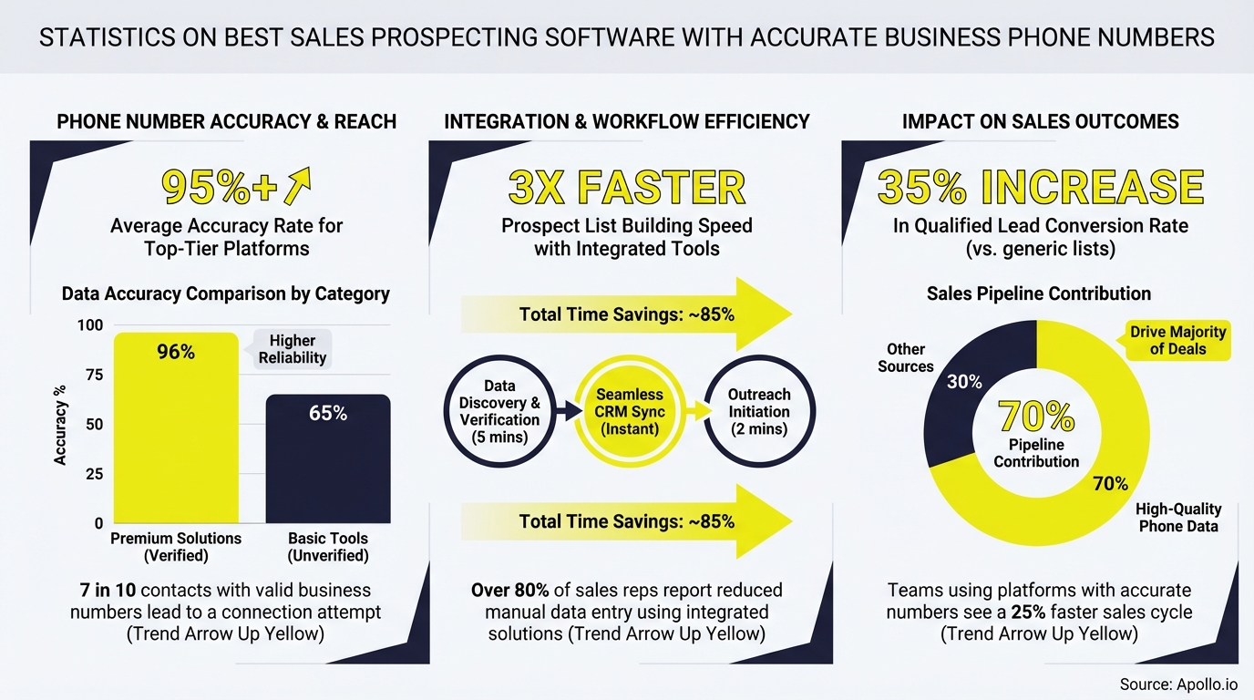 Infographic with charts and text presenting sales prospecting software statistics.