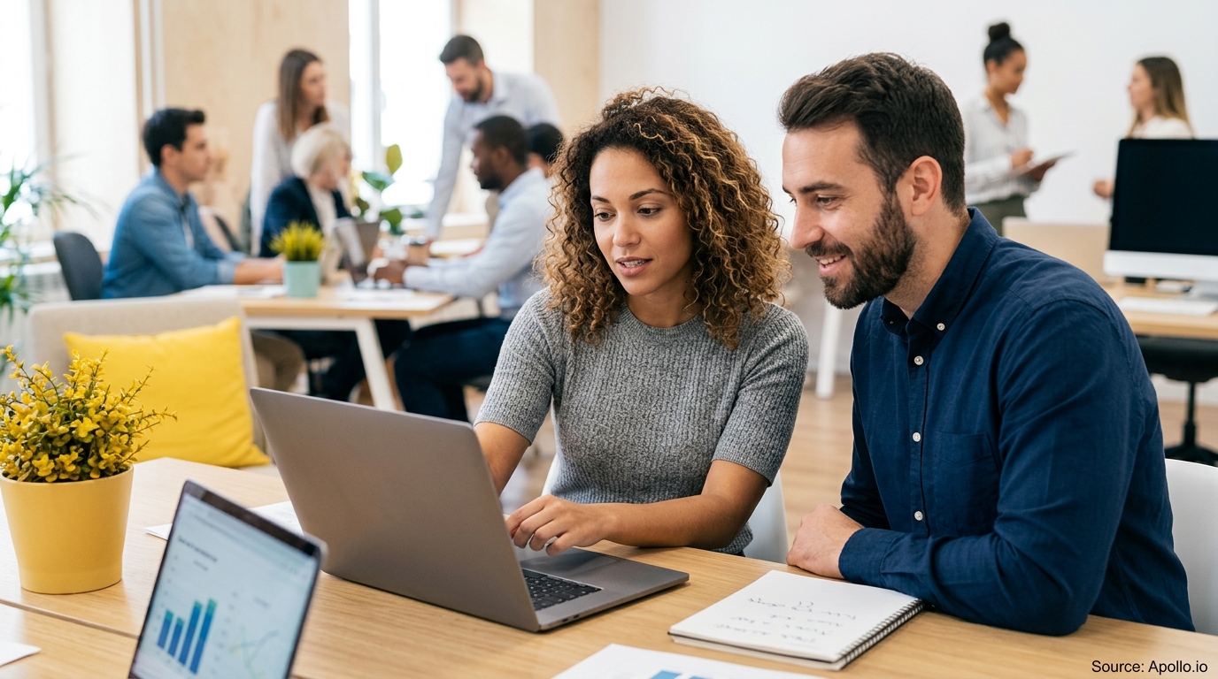 Two professionals collaborate on a laptop at a wooden desk in a busy modern open-plan office.