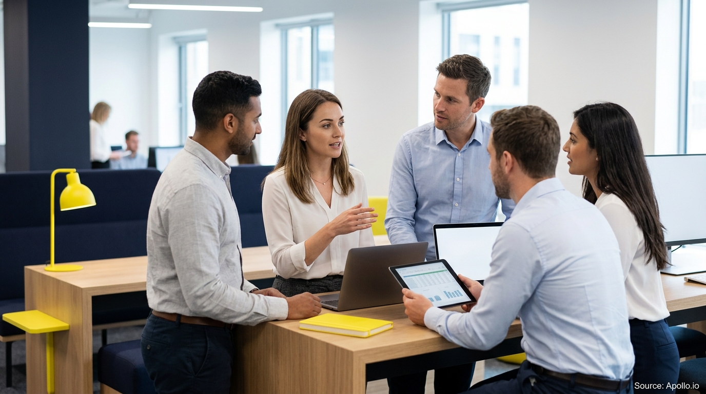 Five professionals collaborating around a table with laptops and a tablet in a modern office.
