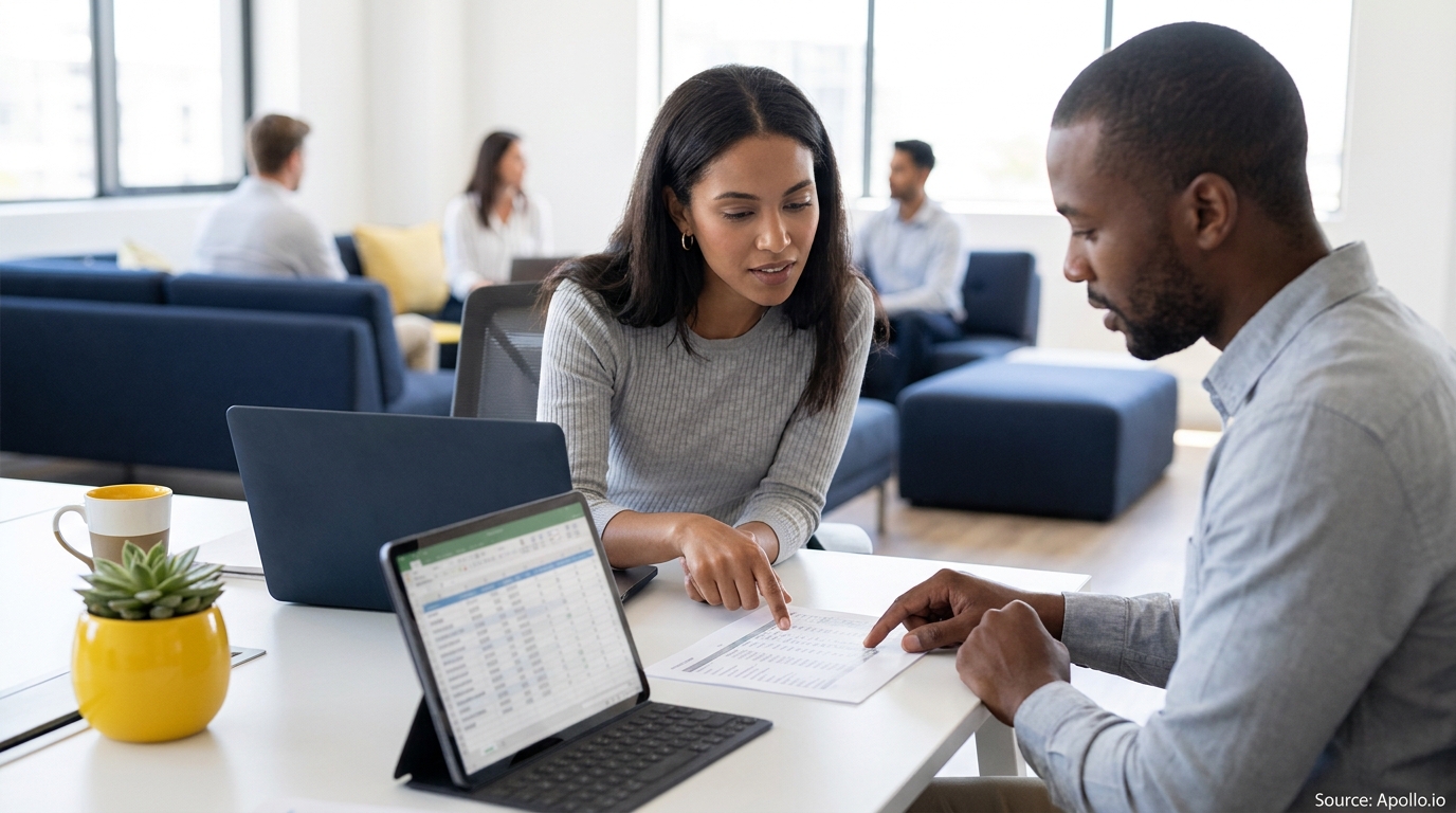 Two people discuss a document at a table with a laptop and tablet in a modern office.