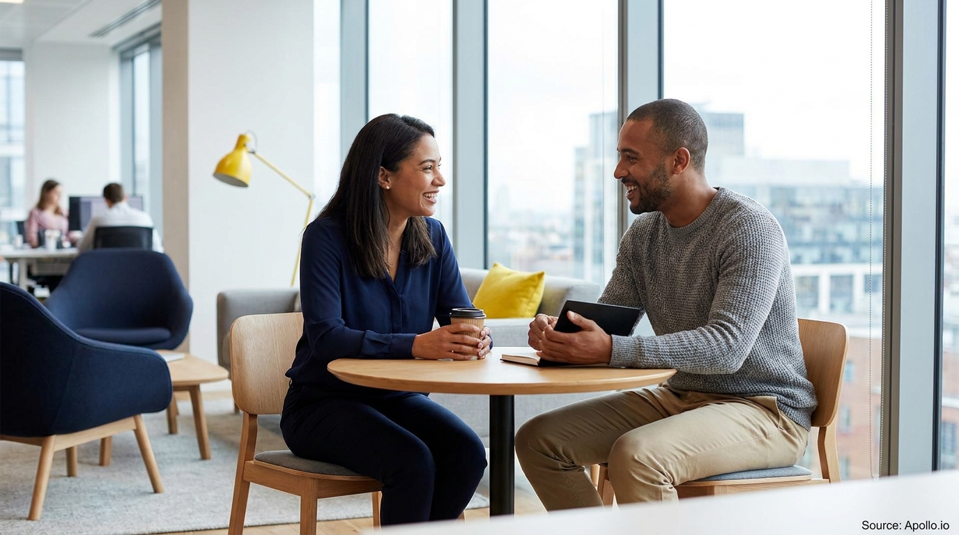 Two smiling professionals chat at a modern office table with colleagues working in the background.