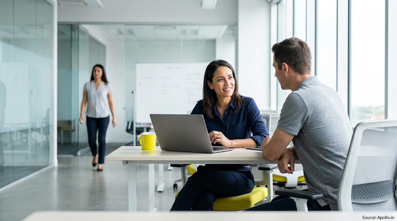Two professionals discuss at an office desk; a third walks behind them.