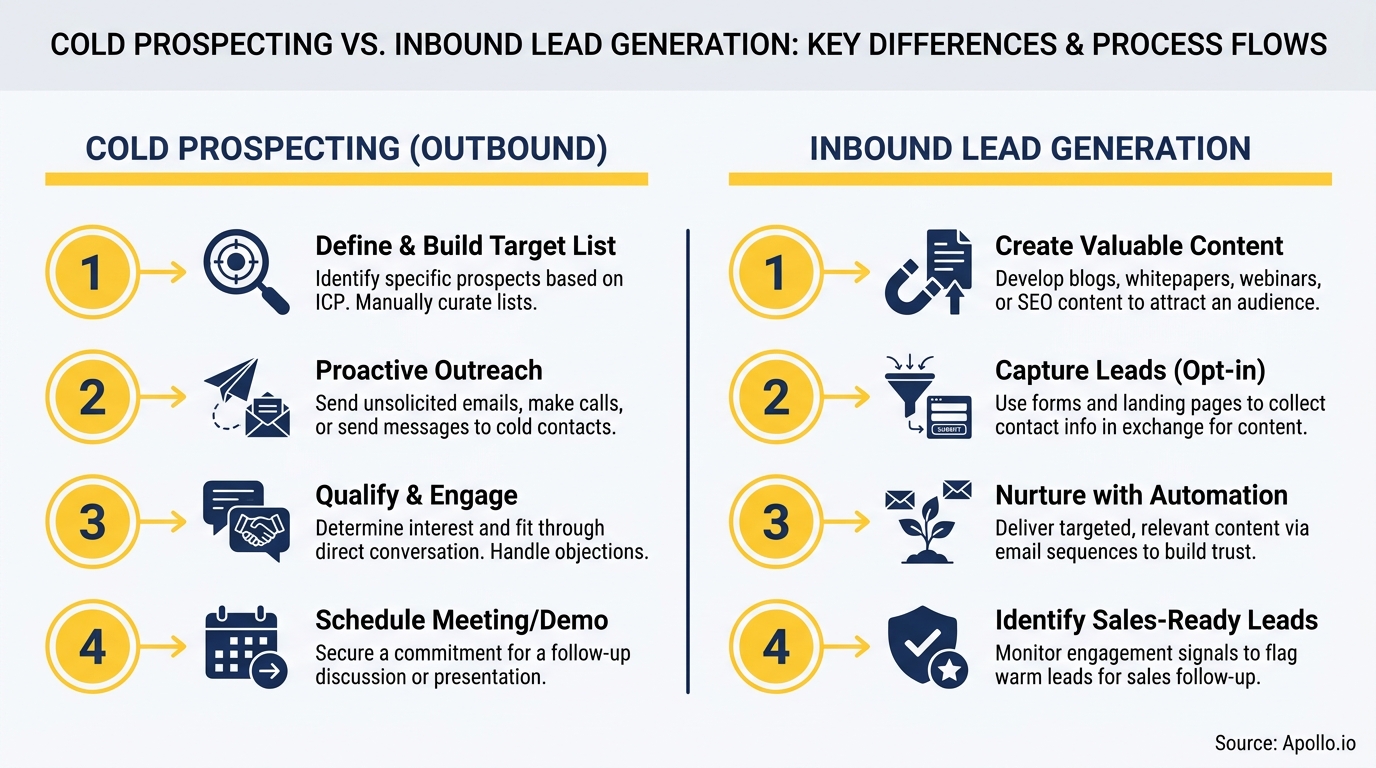 An infographic illustrating the four-step processes for cold prospecting and inbound lead generation.