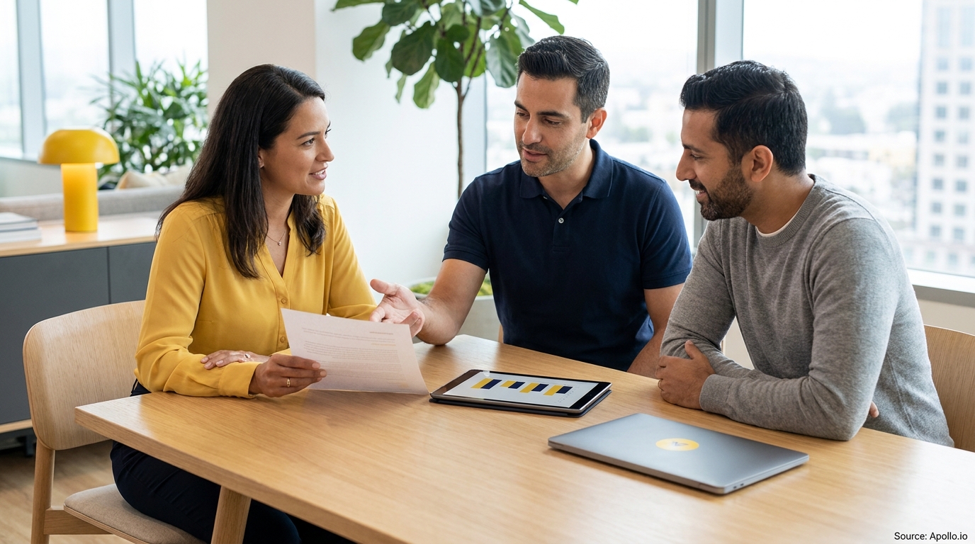 Three people discussing documents and a tablet in a modern office.