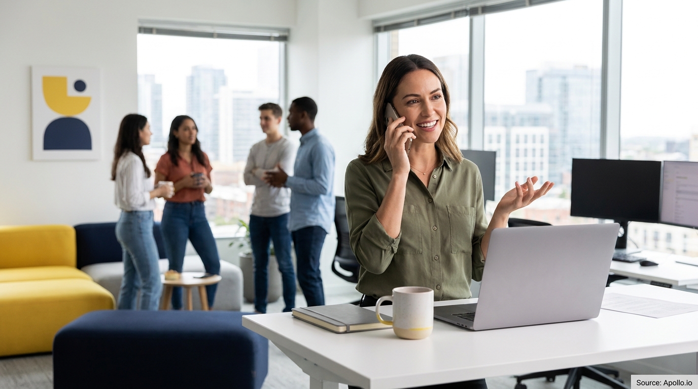 Woman on a phone call at a modern office desk, with four colleagues chatting nearby.