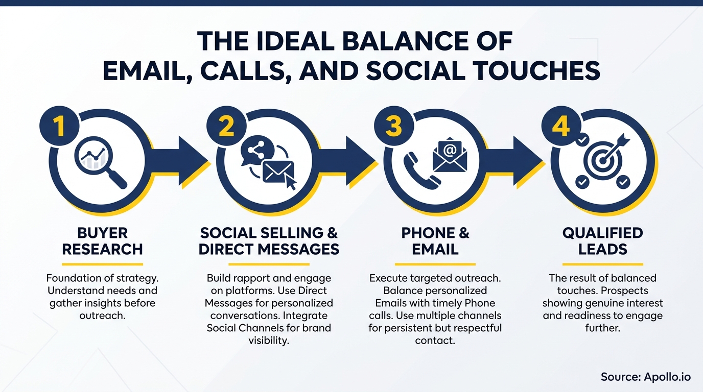 Four-step infographic showing the ideal balance of email, calls, and social touches for lead generation.