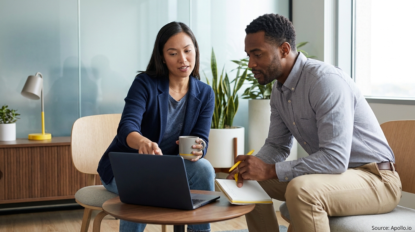 Two professionals collaborate, one pointing at a laptop, the other writing notes in a modern office.