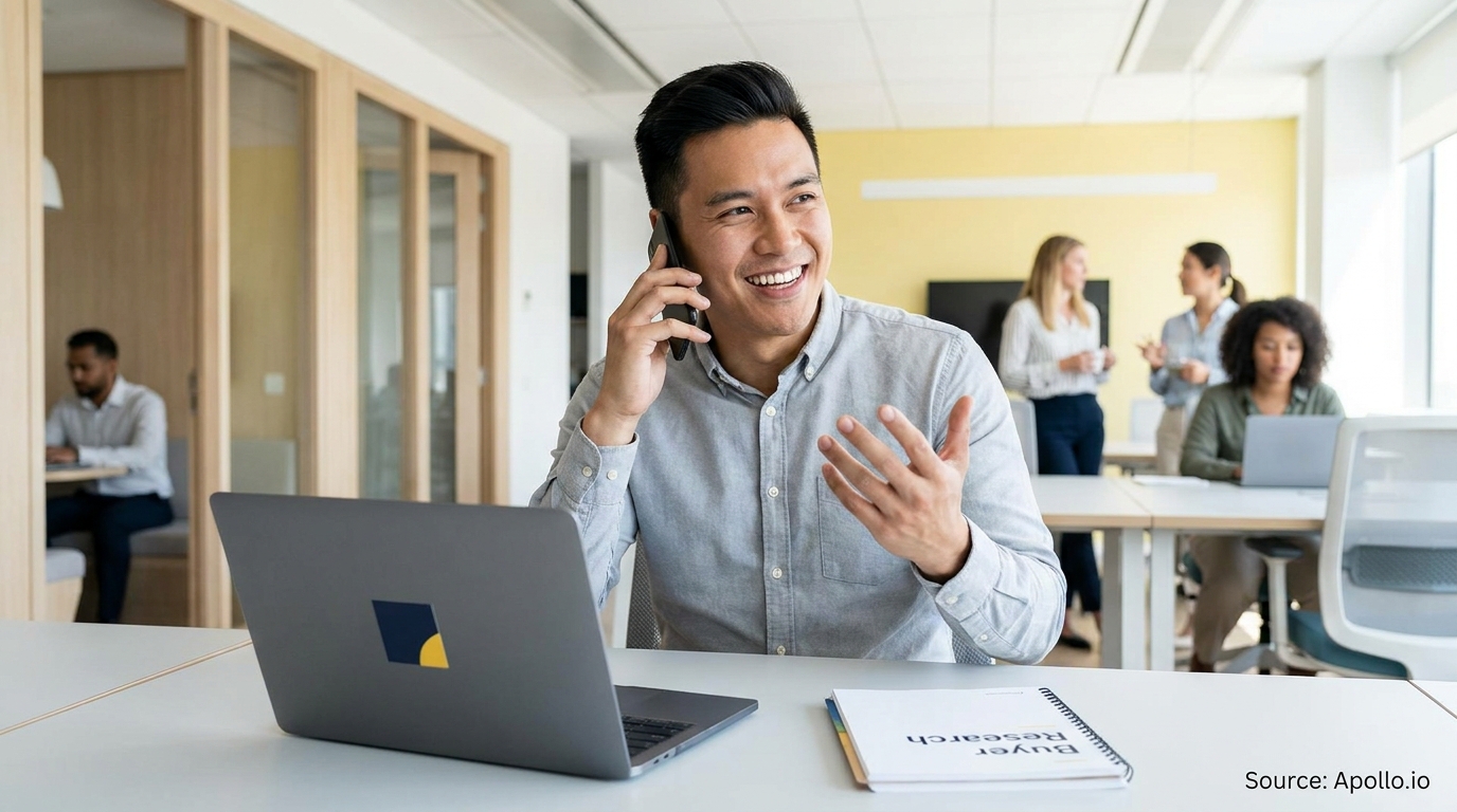 A man talks on the phone while four colleagues work in a bright, modern office.