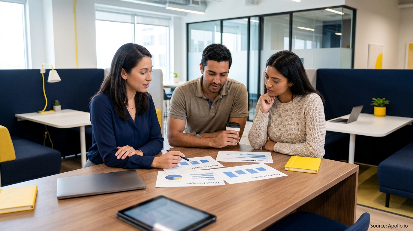 Three professionals discussing charts at a modern office table.