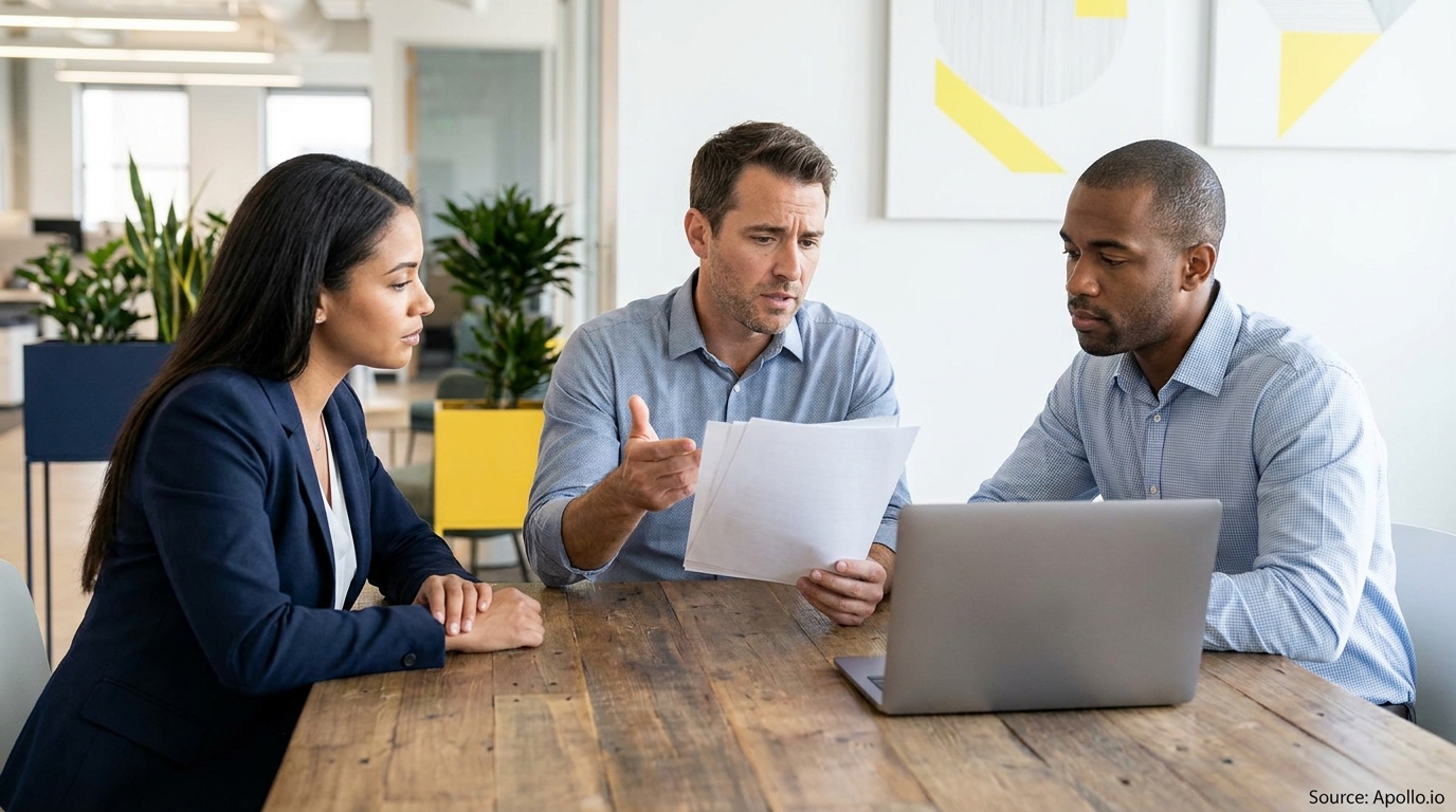 Three business professionals discussing documents and a laptop at a modern office table.