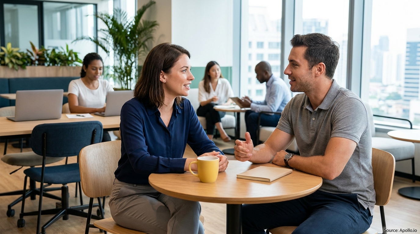 Man and woman conversing at an office table, with other people working nearby.