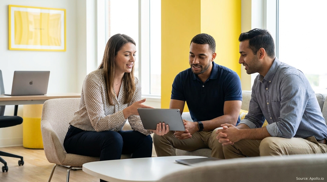 A woman and two men review information on a tablet in a bright office setting.
