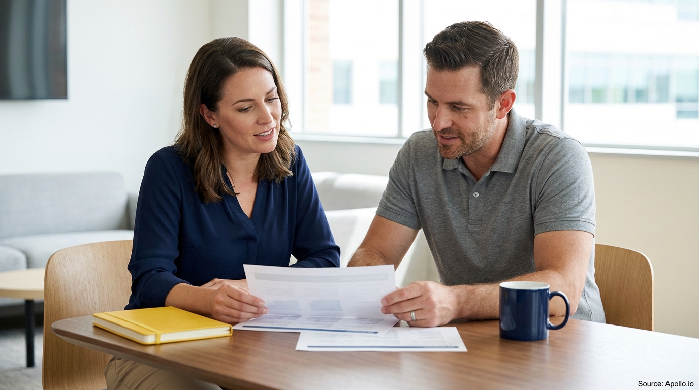 A man and woman review documents together at a table in a bright room.