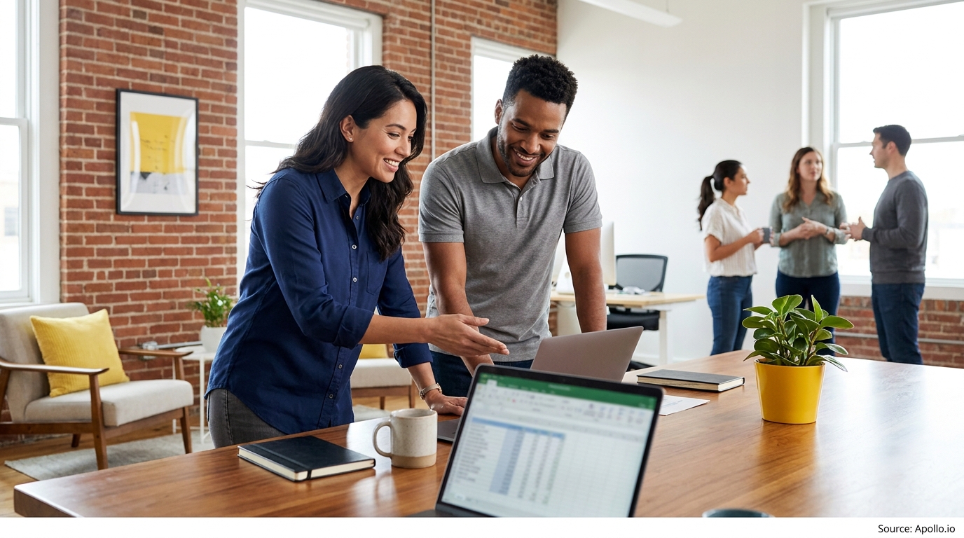 Two colleagues discuss a laptop together while three others chat in a modern open office.