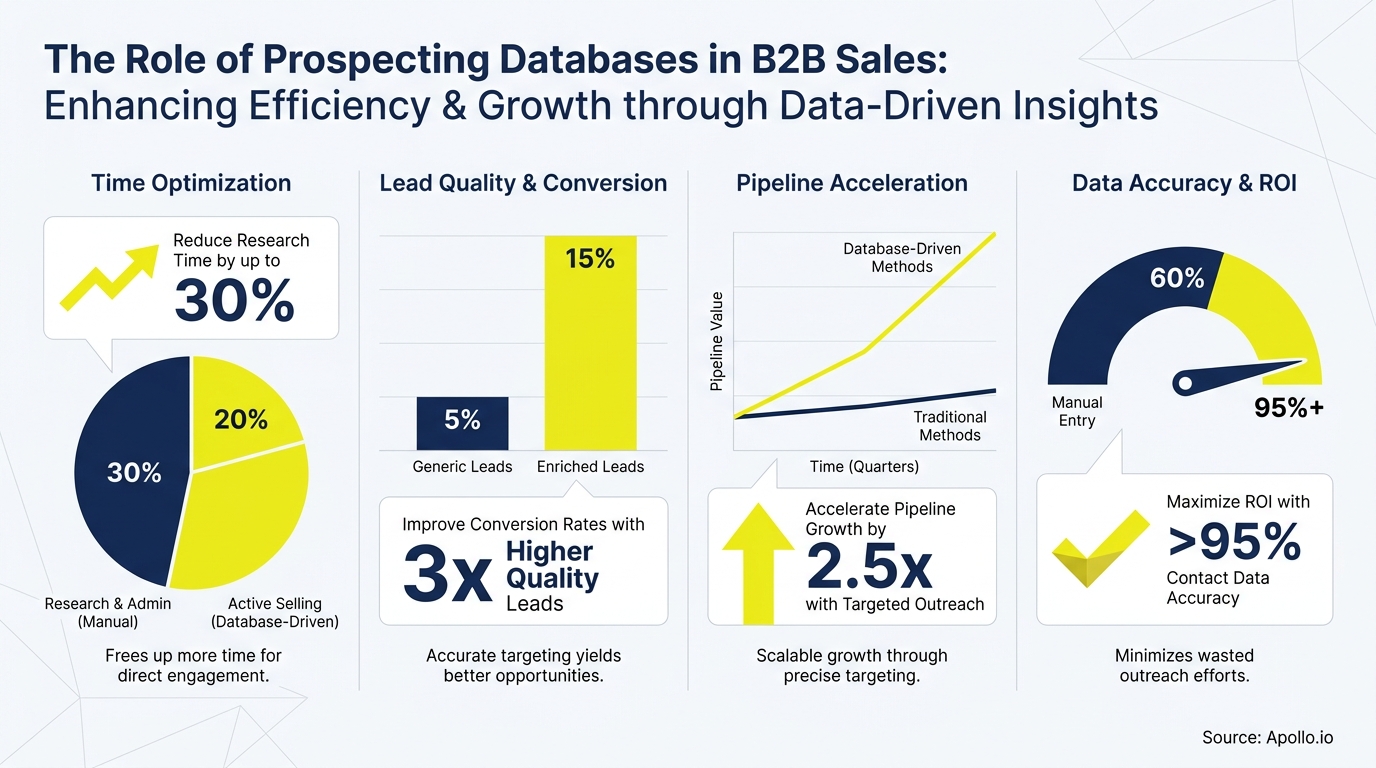 Infographic with charts and statistics detailing benefits of prospecting databases for B2B sales efficiency and growth.