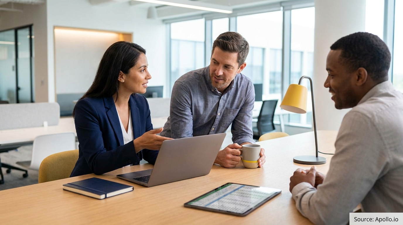 Three professionals discuss at a modern office table with a laptop and tablet.