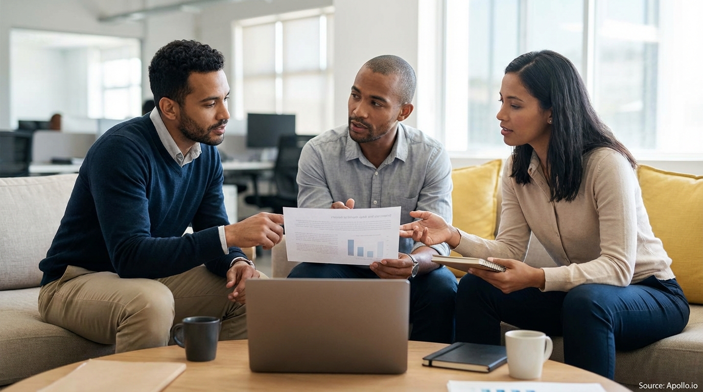 Three colleagues discuss a document with charts and a laptop in a modern office.