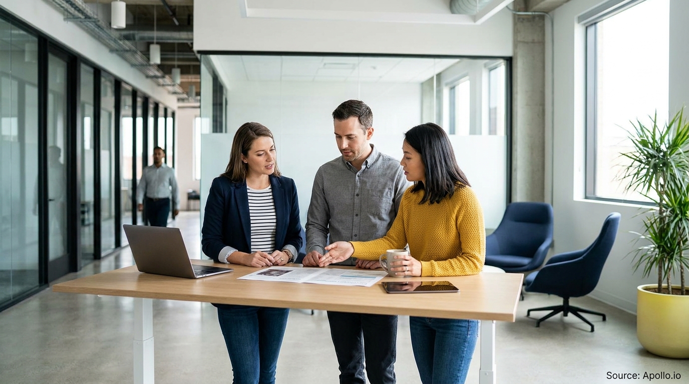 Three coworkers review papers and a laptop at a modern office standing desk.