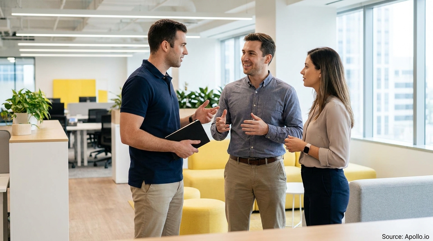 Three colleagues discuss work in a bright, modern open-plan office.