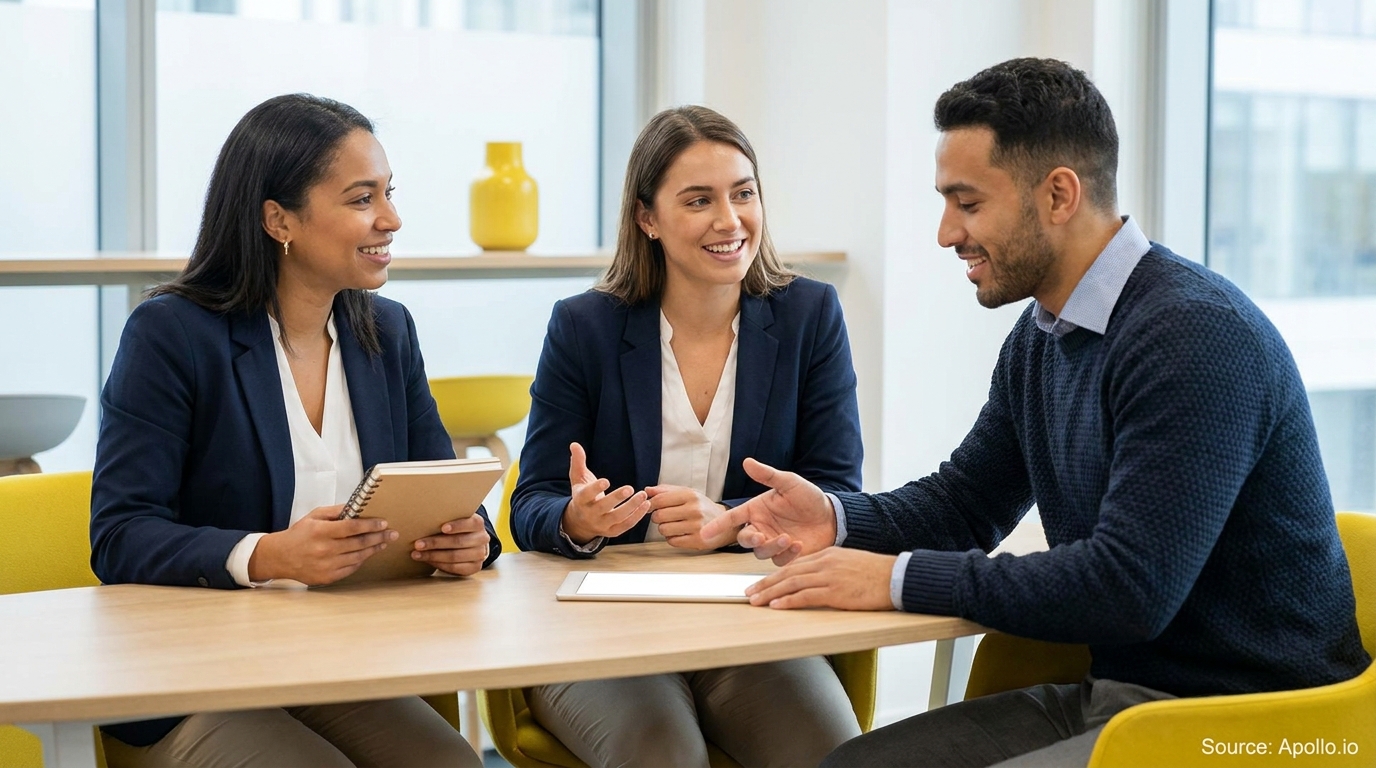 Three smiling professionals discuss at a modern office table with a tablet and notebook.