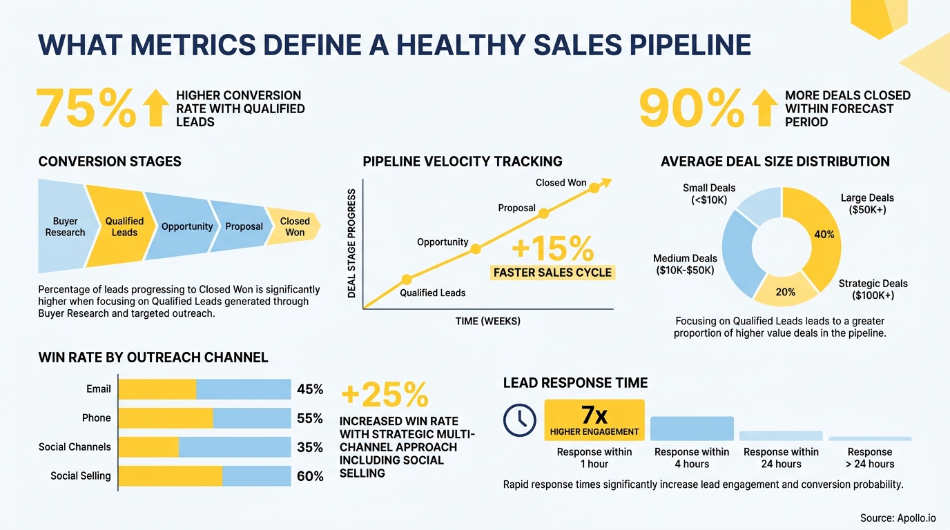 An infographic presenting sales pipeline health metrics including conversion stages, velocity, and win rates.