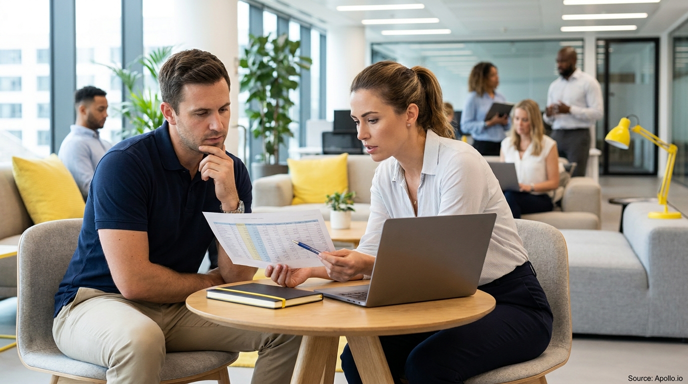 Two colleagues review a document and laptop in a busy, modern office.