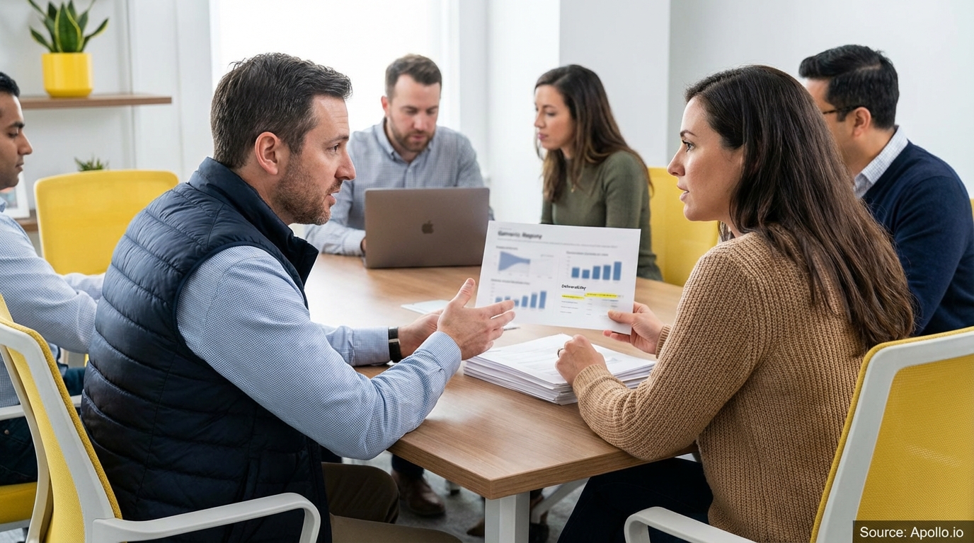 Six colleagues discuss data and charts around a modern office table.
