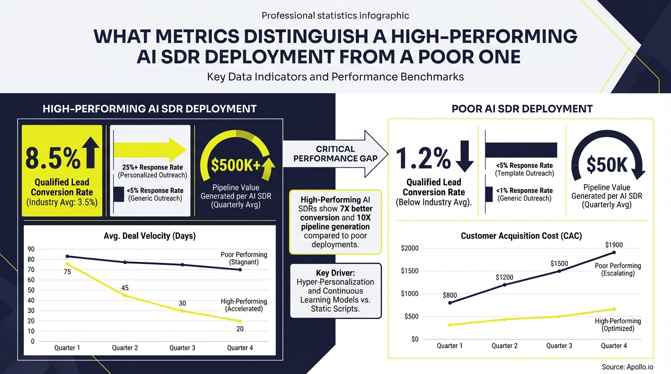 An infographic illustrating the critical performance gap between high-performing and poor AI SDR deployments with various metrics.