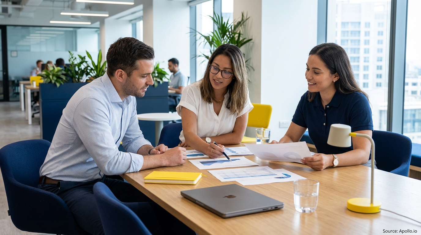 Three professionals discuss documents with charts in a bright, modern office.