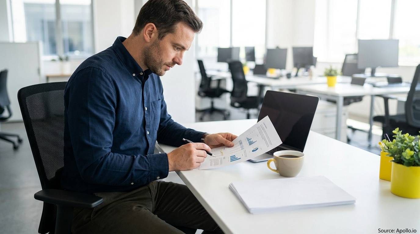 Man analyzing a document with charts at an office desk with a laptop and coffee.