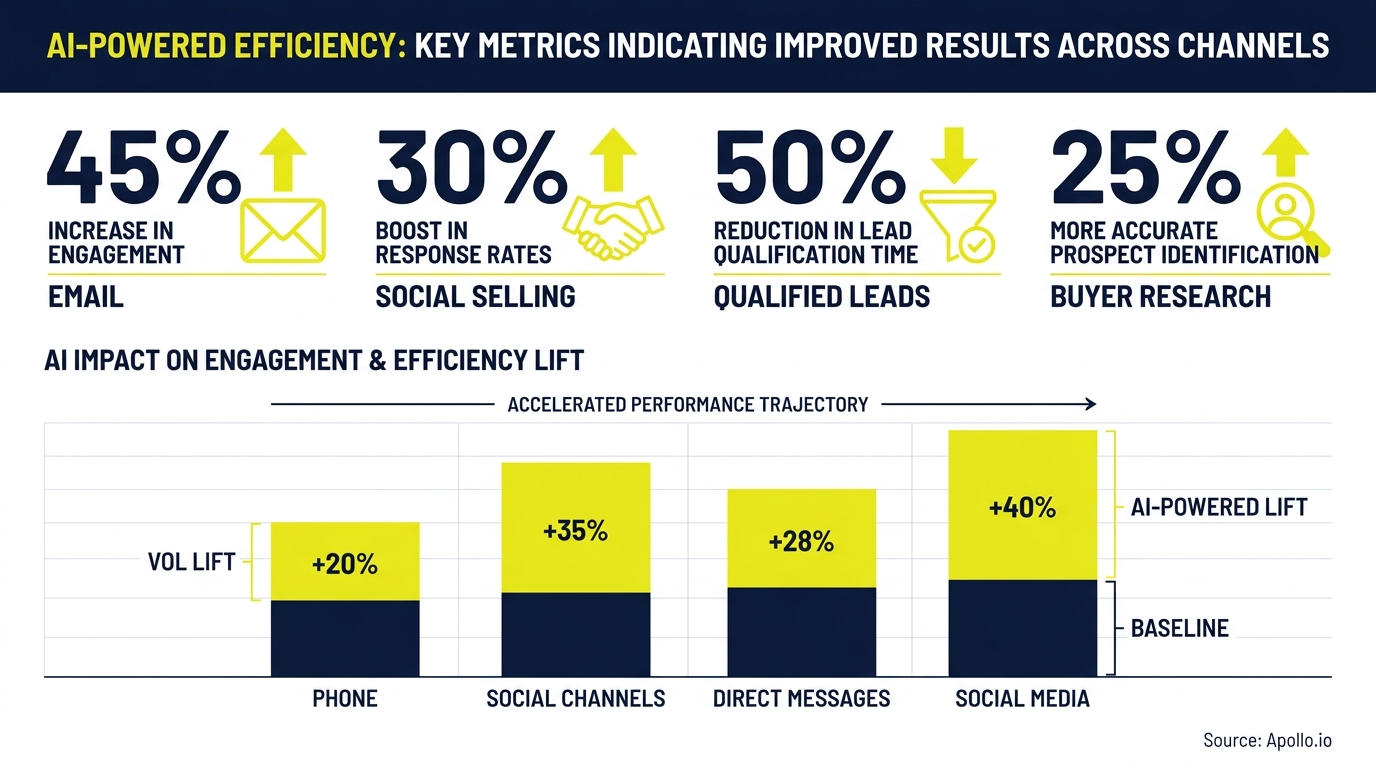 Infographic displays AI-powered efficiency metrics, showing percentage changes across channels in a bar chart.