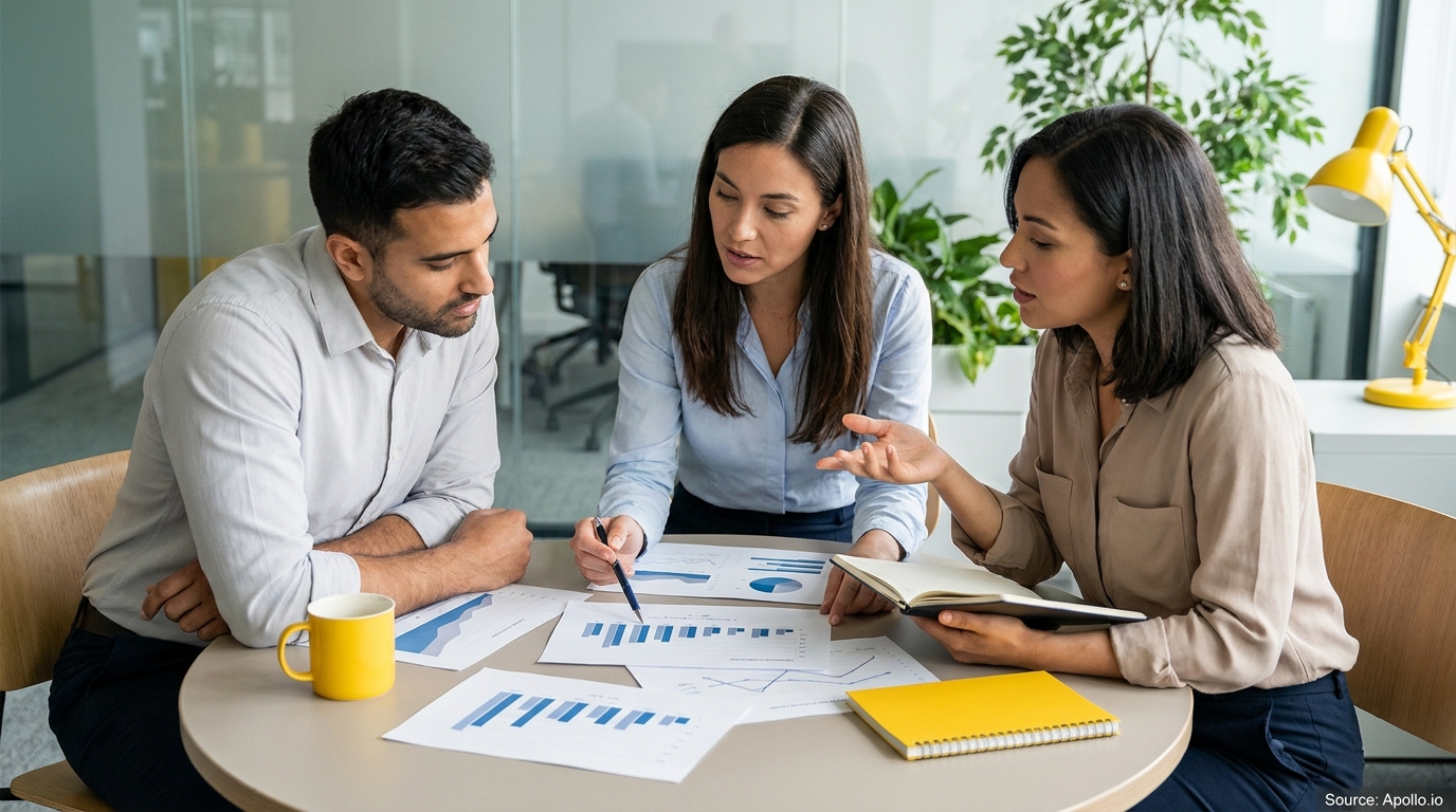 Three professionals discussing data charts at a modern office table.
