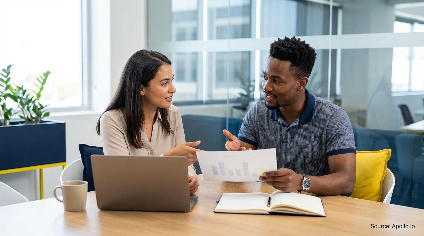 Two professionals discuss a bar chart document at a modern office table with a laptop.