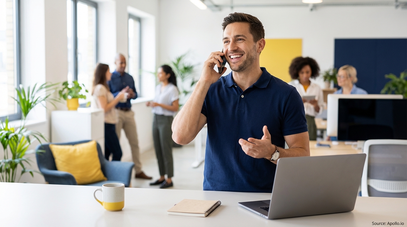 A smiling man talks on his phone at a desk in a bustling modern office.