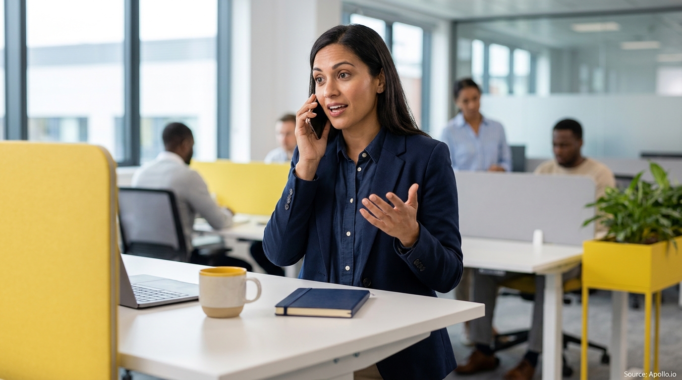 A businesswoman talks on her phone at a desk in a modern office with colleagues working.