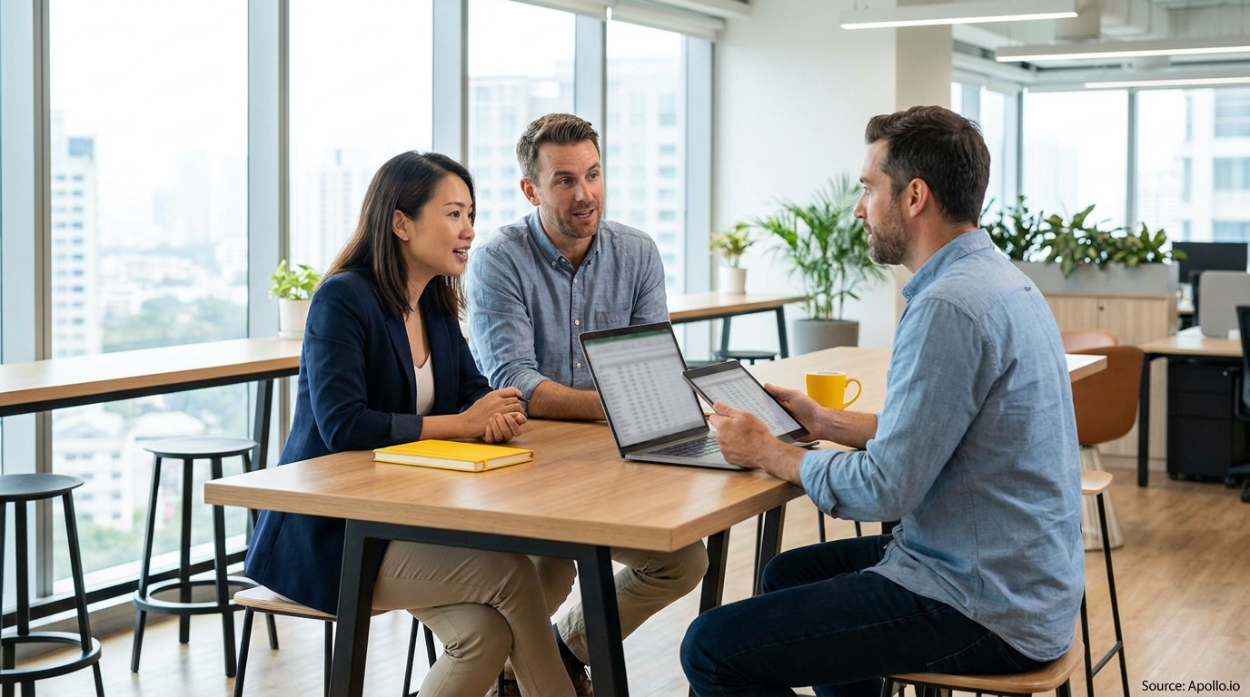 Three people discussing data on a laptop and tablet in a bright, modern office.